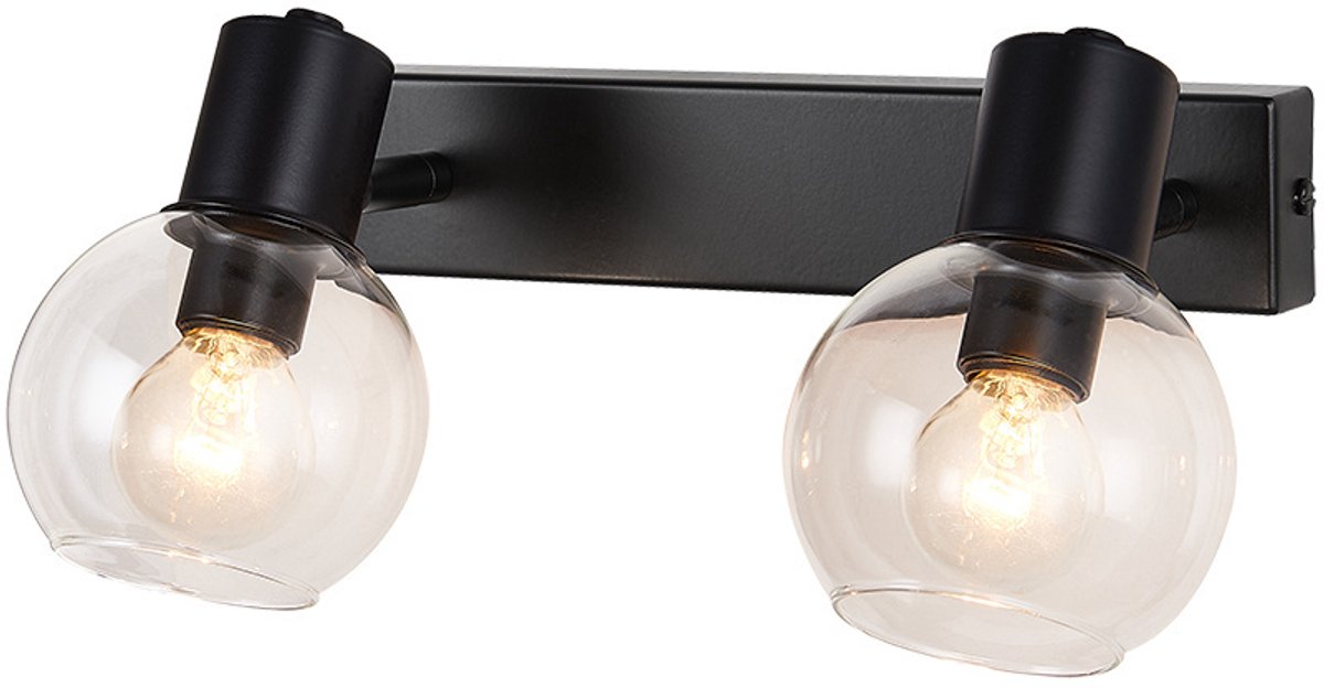 Osira wandlamp met 2x E14 fitting, heldere glazen kappen, zwart staal, IP20, 250 x 150 mm