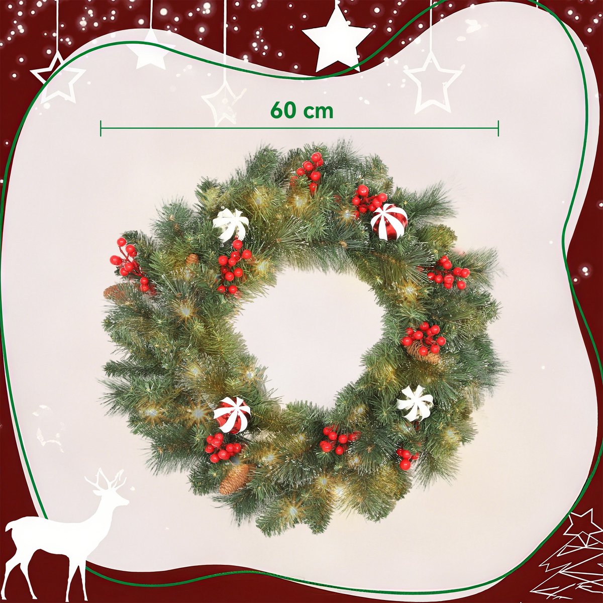 1 stuk - Verlichtte kerstkrans 60cm - Handgemaakte kerstversiering met LED warm wit licht, dennen, bessen en dennenappels, voor voordeur, open haard en raamdecoratie – foto 3