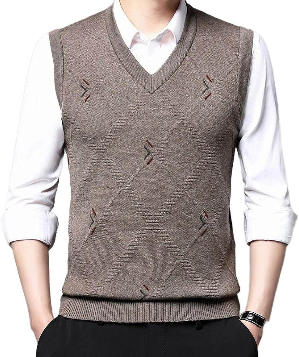 Argyle V-Hals Mouwloze Trui Trui, Herfst En Winter Heren Gebreide Trui Vest, Middelbare Leeftijd Kleur Bijpassende Verdikte Casual Heren Gebreide Trui Tanktops,Kaki,S
