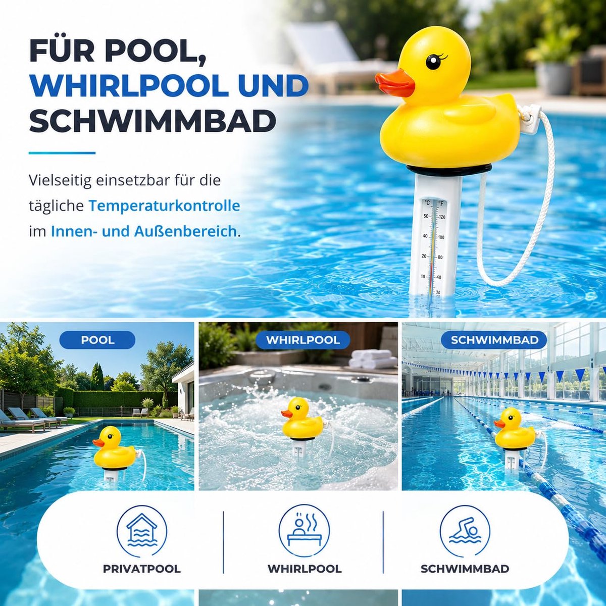 Thermometer, waterthemometer voor zwembad, whirpool, voor nauwkeurige meting (eend)