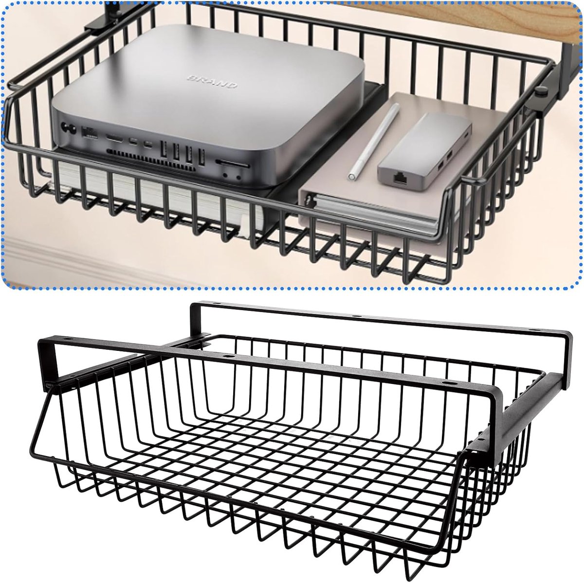 1 Stuk Onderbureau Opbergmand zonder Boren, Zwarte Metalen Hangmand 37 x 25 x 11 cm voor Bureau Plank Kast