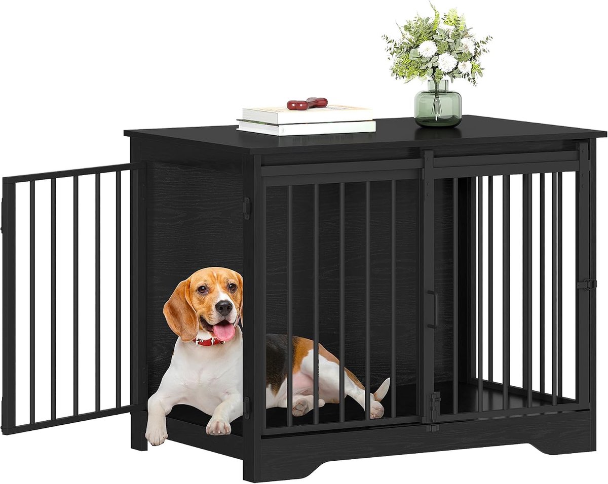81cm Hondenbench, meubel, hondenbox, 2 deuren, modern hondenhok voor kleine, middelgrote honden, bijzettafel, hondenhuis voor thuis, 55x81x67,5 cm, Zwart DFC83604B