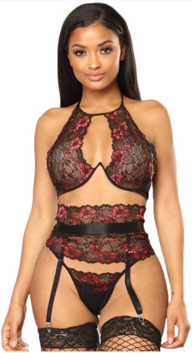 Dames Dames Sexy Borduurwerk Lingerie Beha Panty Kousenband Set-Black_S