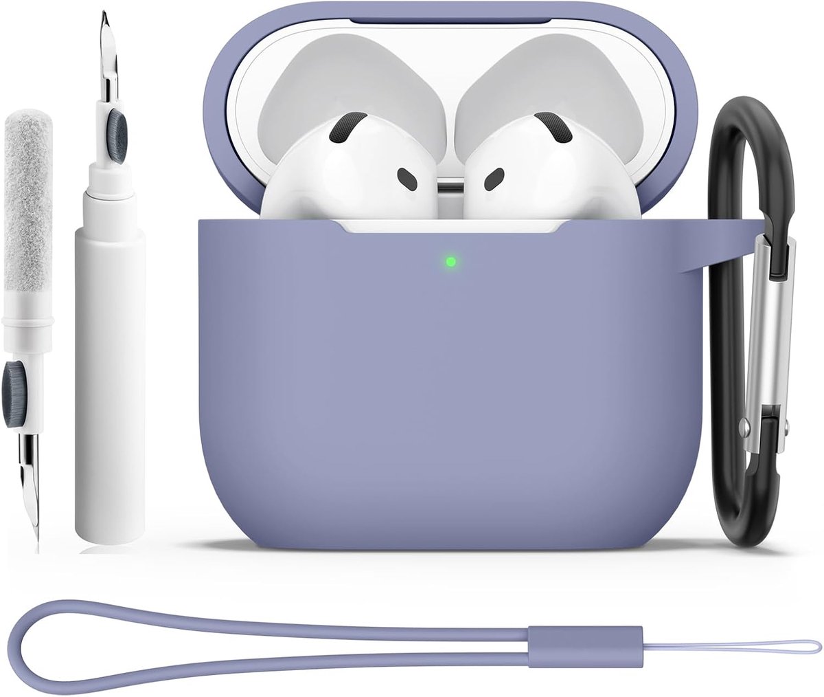 Beschermhoes voor AirPods 4 2024 met reinigingsset, 2 mm ultradunne schokbestendige siliconen beschermhoes, 4-in-1 accessoires voor Apple AirPods 4e generatie met karabijnhaak en koord