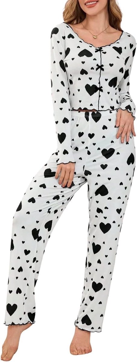 2-delig, zachte pyjamaset met lange mouwen, met hartjespatroon, schattige loungewear, comfortabele nachtkleding, sleepwear, S-XL