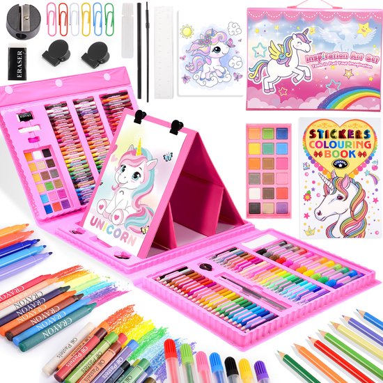 Uitgebreide set met roze koffer, eenhoorn-tekenbord, stickerboek en een scala aan tekengereedschappen.