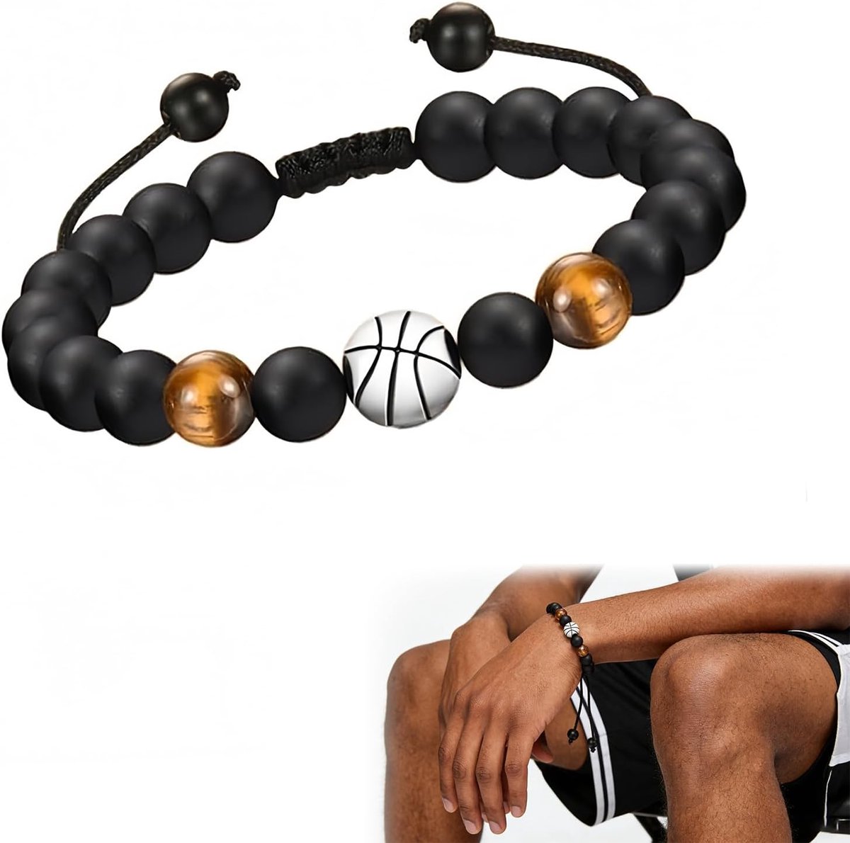 Sleutelhanger en Armband Geschenken voor Jongens – Perfecte Cadeau voor Basketbal Fans, Spelers en Liefhebbers, Zwart Opaal & Tijgeroog, Verstelbaar, 16.5-26.5 cm