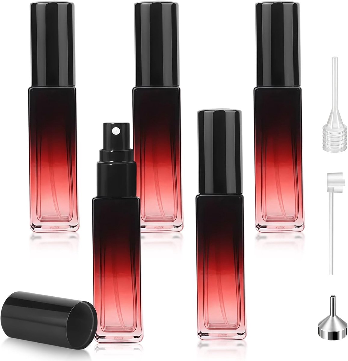 Verstuivers van glas, 10 ml parfumverstuiver, navulbaar, leeg, parfumspuitflessen, klein, met 3 accessoires voor reizen, mannen en vrouwen, rood