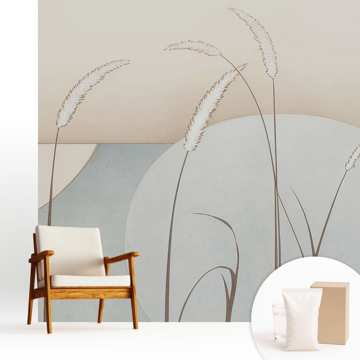 Wallfluent Fotobehang - Beige Vliesbehang - 250x250 cm - Zachte Grassen Fotobehang Vlies - Hal behang Bloemen En Planten - Muurschildering - Hal behang