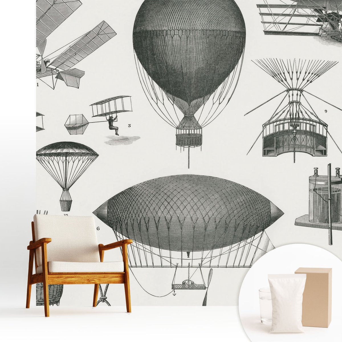 Wallfluent Fotobehang - Zwart Vliesbehang - 250x250 cm - Geschiedenis Van De Luchtvaart Muurschildering - Gang behang Deel - Fotobehang Vlies - Slaapkamer behang