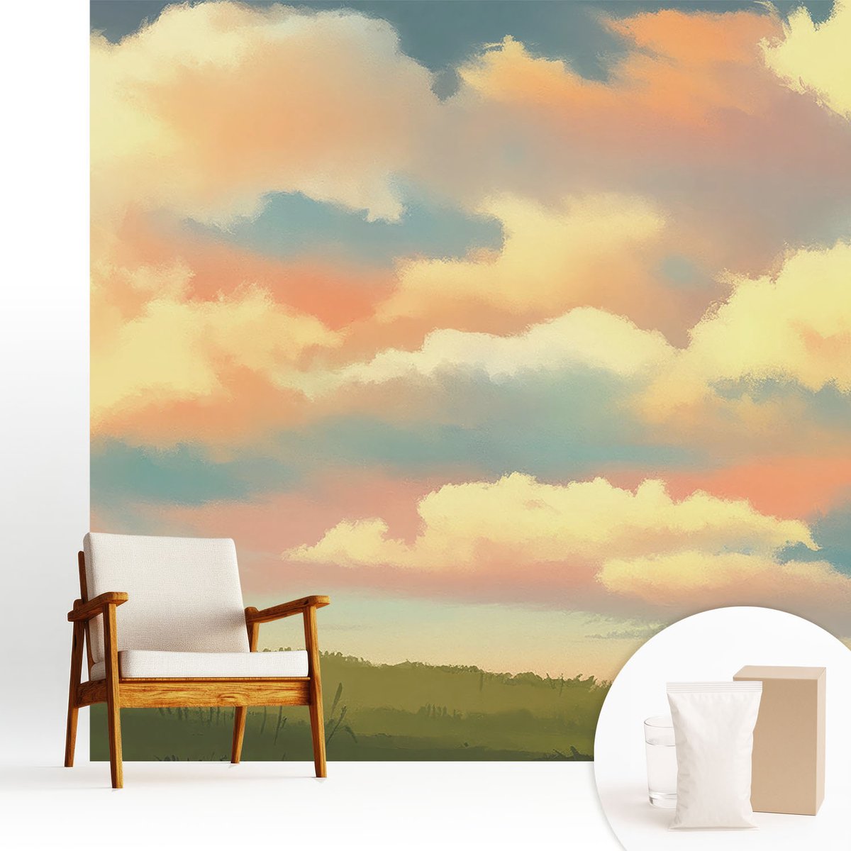 Wallfluent Fotobehang - Oranje Vliesbehang - 250x250 cm - Hemelwolken Fotobehang Vlies - Woonkamer behang Landschappen - Muurschildering - Hal behang