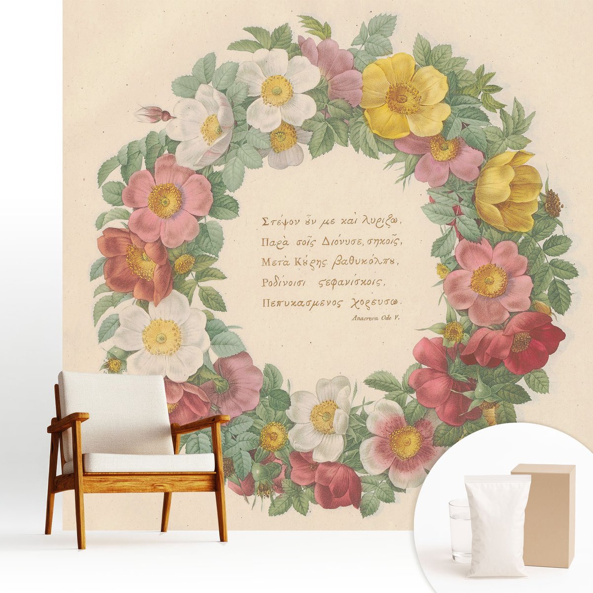 Wallfluent Fotobehang - Grijs Vliesbehang - 250x250 cm - Bloemenkrans Muurschildering - Slaapkamer behang Bloemen En Planten - Fotobehang Vlies - Slaapkamer behang