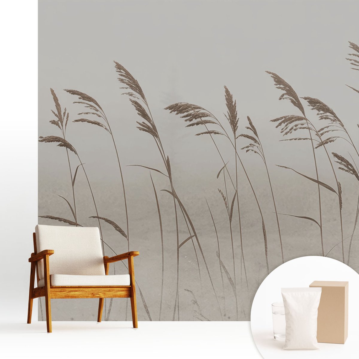 Wallfluent Fotobehang - Grijs Vliesbehang - 250x250 cm - Grassen In De Mist Fotobehang Vlies - Hal behang Bloemen En Planten - Muurschildering - Woonkamer behang