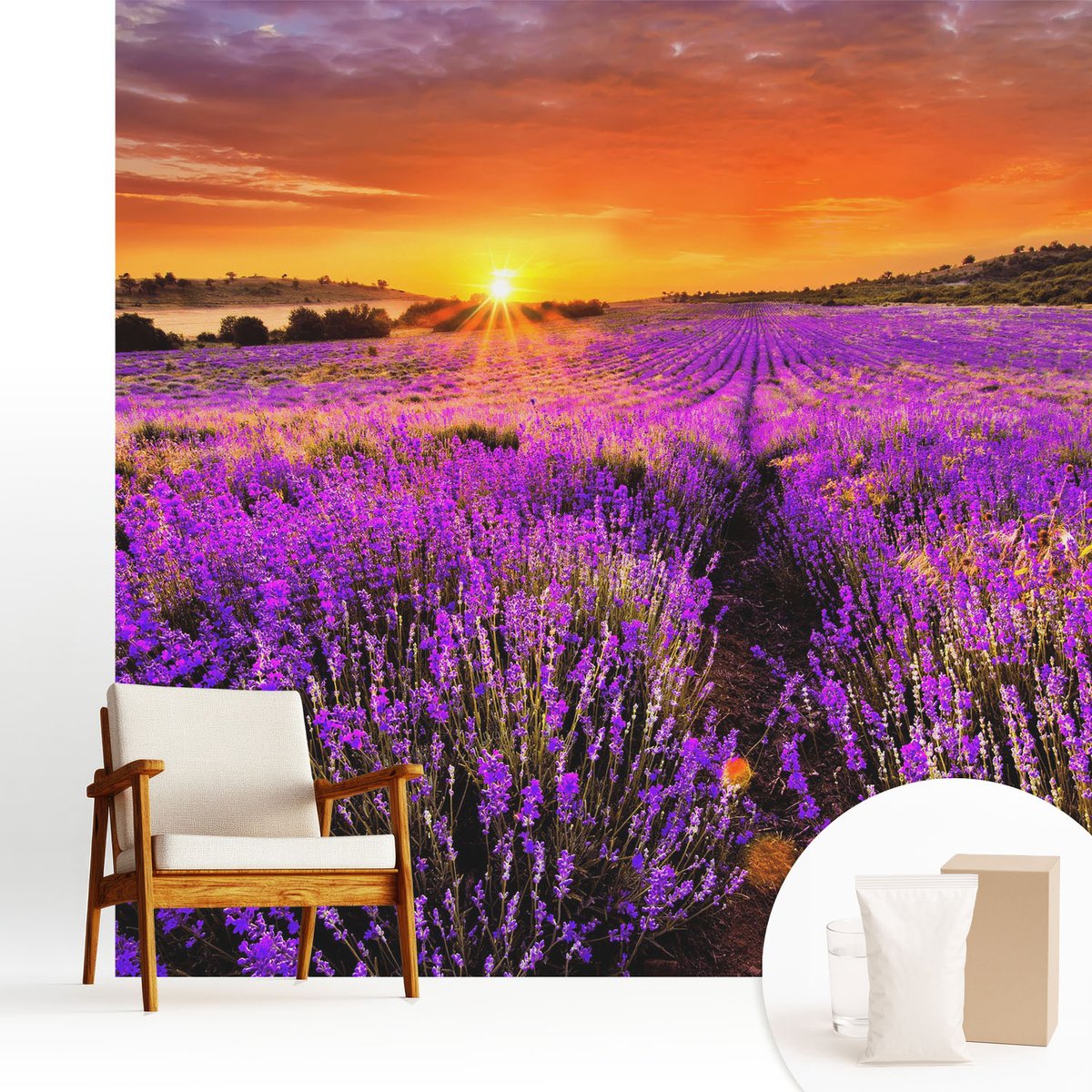 Wallfluent Fotobehang - Paars Vliesbehang - 250x250 cm - Lavendelzonsondergang Fotobehang Vlies - Woonkamer behang Landschappen - Muurschildering - Woonkamer behang