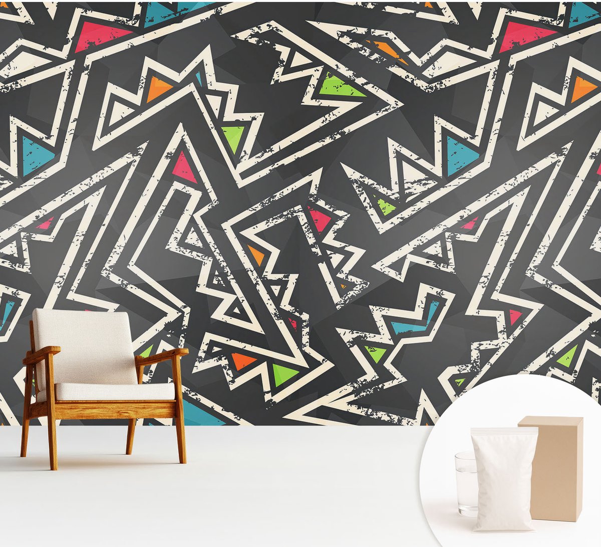 Wallfluent Fotobehang - Zwart Vliesbehang - 312x219 cm - Energetische Geometrie Fotobehang Vlies - Hal behang Abstractie - Muurschildering - Woonkamer behang