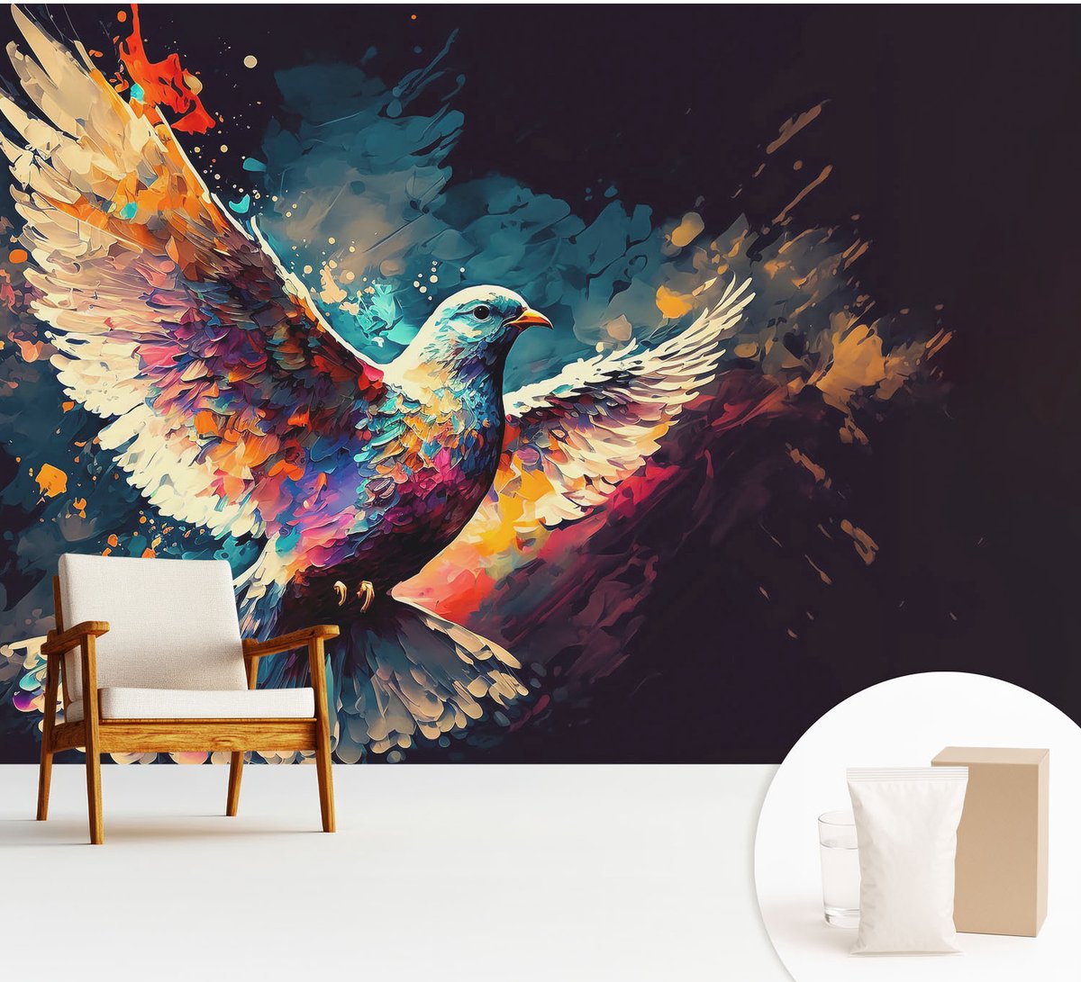 Wallfluent Fotobehang - Blauw Vliesbehang - 312x219 cm - Kleurrijke Vogel Fotobehang Vlies - Woonkamer behang Abstractie - Muurschildering - Woonkamer behang