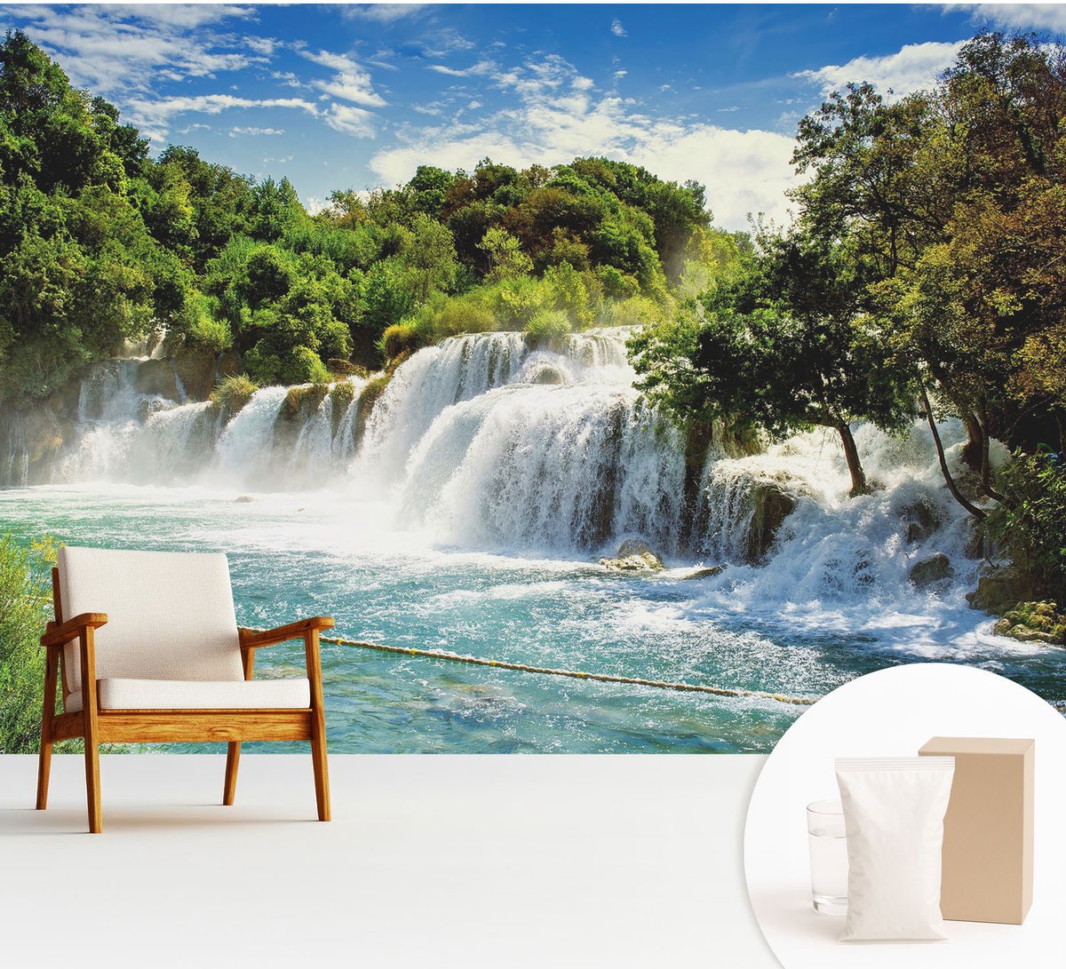 Wallfluent Fotobehang - Groente Vliesbehang - 312x219 cm - Een Prachtige Waterval Fotobehang Vlies - Woonkamer behang Landschappen - Muurschildering - Woonkamer behang