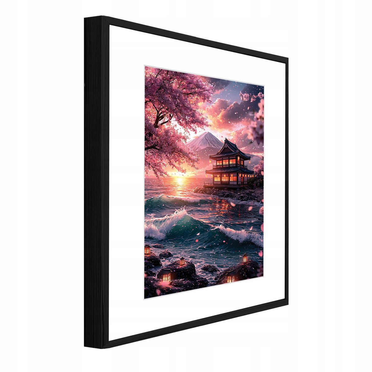 WALLARENA Schilderij met reliëf en passe-partout 90x60 cm - zwarte lijst - Mount Fuji aan zee - wanddecoratie voor woonkamer en slaapkamer Roze