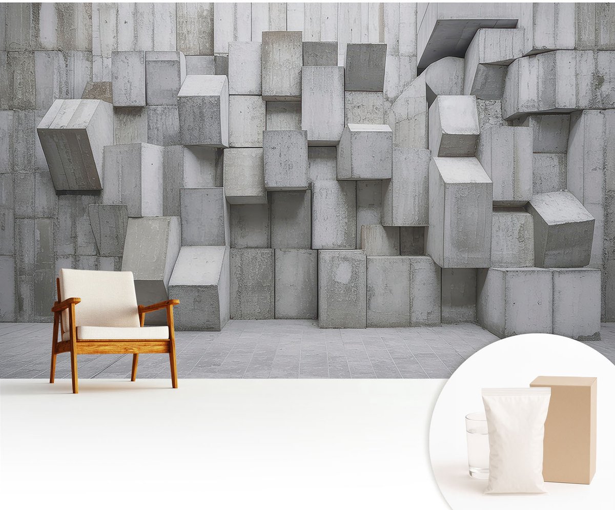 Wallfluent Fotobehang - Grijs Vliesbehang - 416x254 cm - Betonblokken Muurschildering - Slaapkamer behang Architectuur - Fotobehang Vlies - Slaapkamer behang