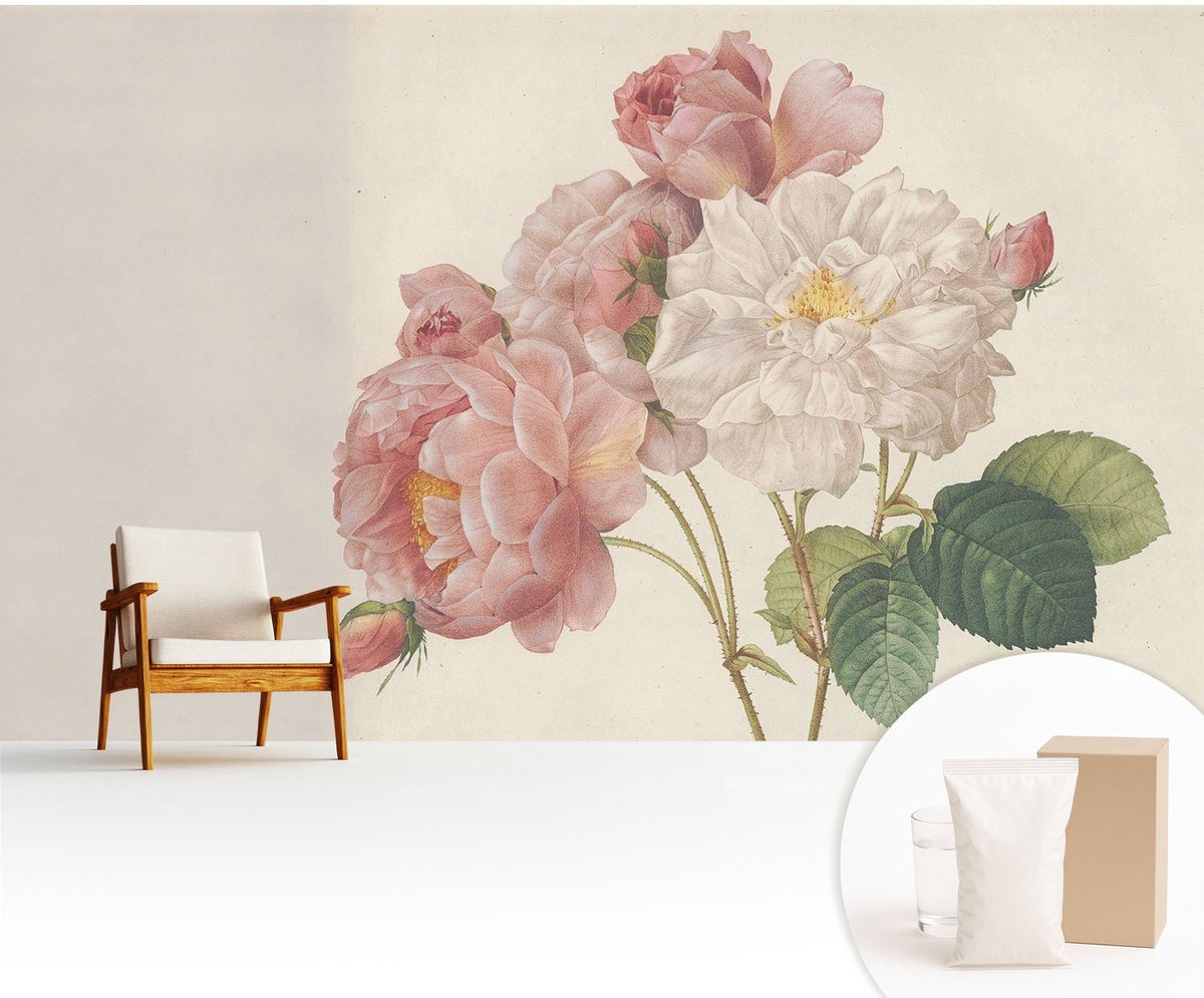 Wallfluent Fotobehang - Roze Vliesbehang - 416x254 cm - Romantische Rozen Fotobehang Vlies - Woonkamer behang Bloemen En Planten - Muurschildering - Woonkamer behang