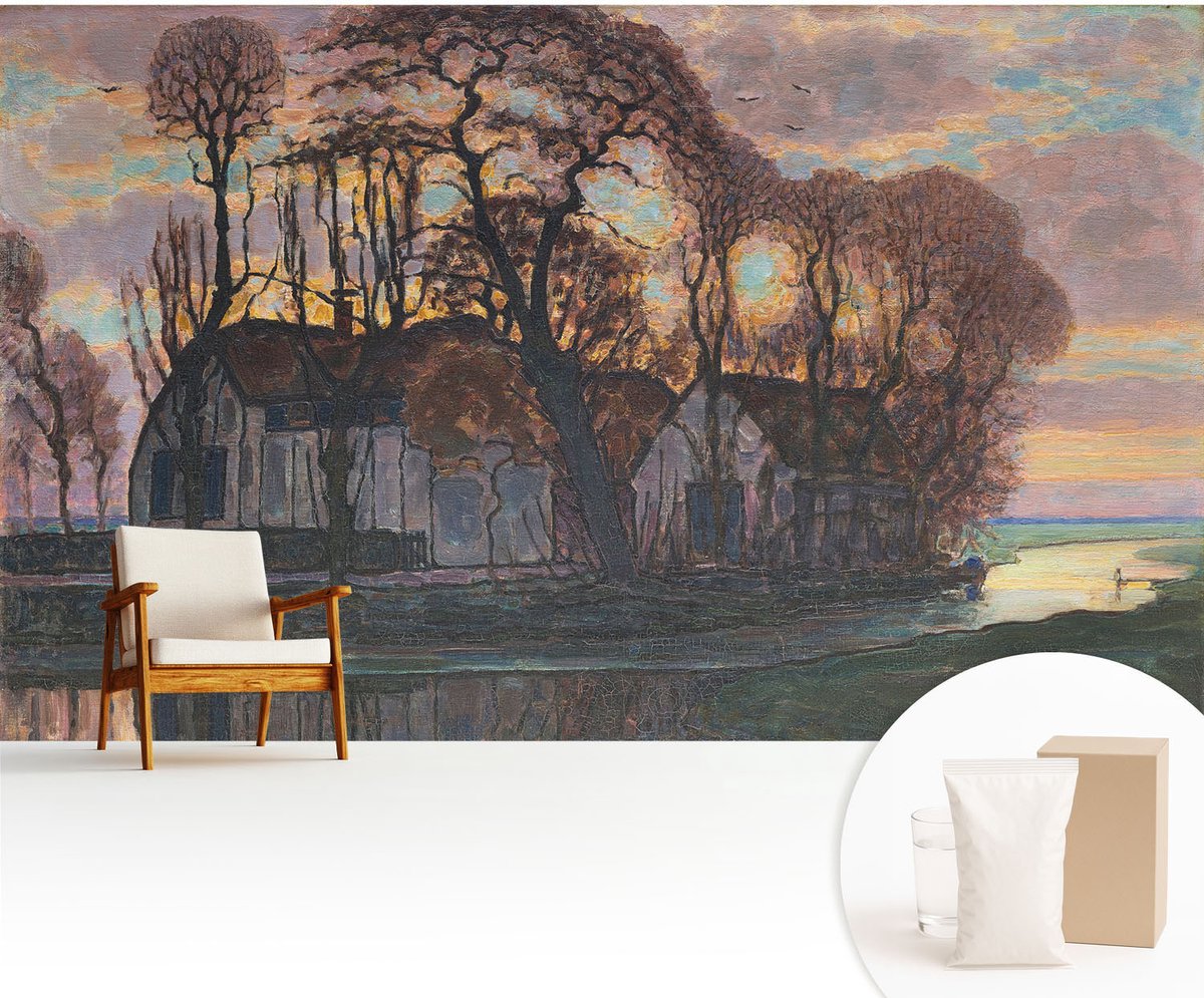 Wallfluent Fotobehang - Grijs Vliesbehang - 416x254 cm - Avondlandschap Fotobehang Vlies - Hal behang Landschappen - Muurschildering - Woonkamer behang