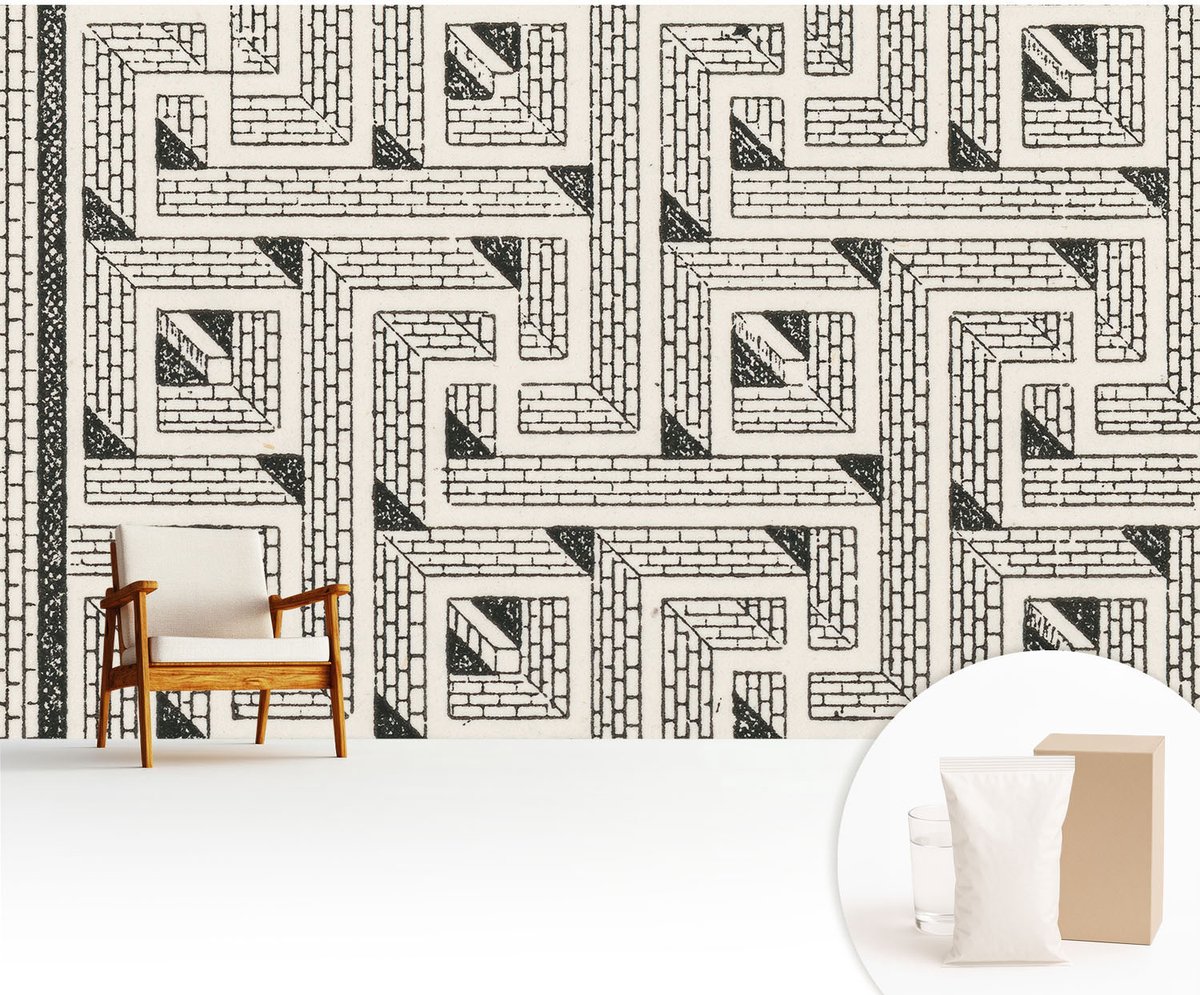 Wallfluent Fotobehang - Zwart-Wit Vliesbehang - 416x254 cm - Bakstenen Doolhof Muurschildering - Gang behang Geometrie - Fotobehang Vlies - Gang behang