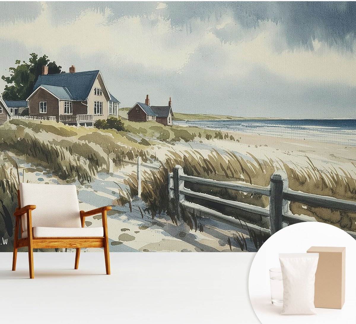 Wallfluent Fotobehang - Wit Vliesbehang - 312x219 cm - Strandduinen Muurschildering - Gang behang Landschappen - Fotobehang Vlies - Slaapkamer behang