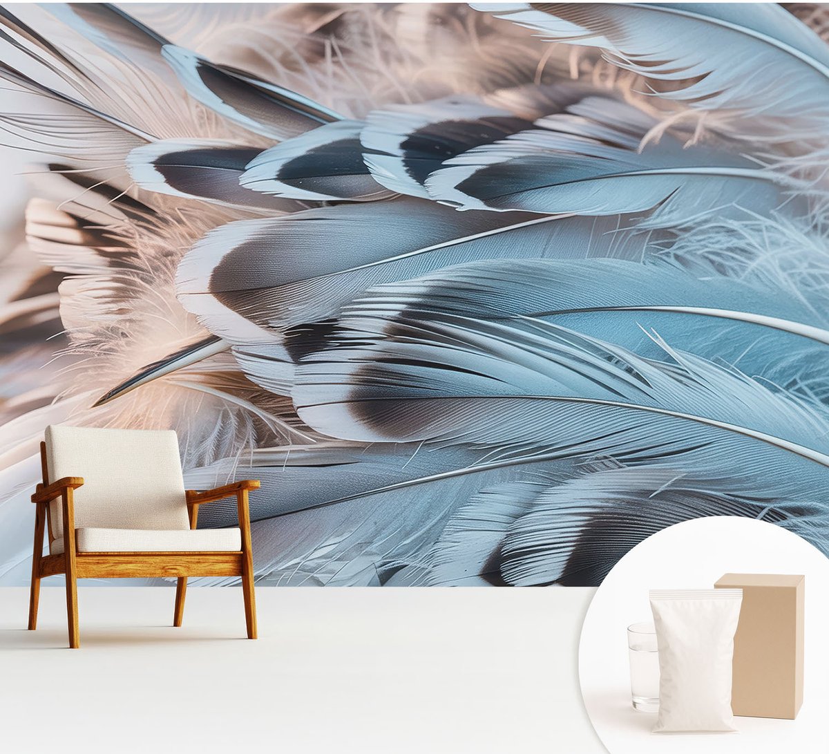 Wallfluent Fotobehang - Wit Vliesbehang - 312x219 cm - Blauwe Veren Muurschildering - Slaapkamer behang Texturen - Fotobehang Vlies - Slaapkamer behang