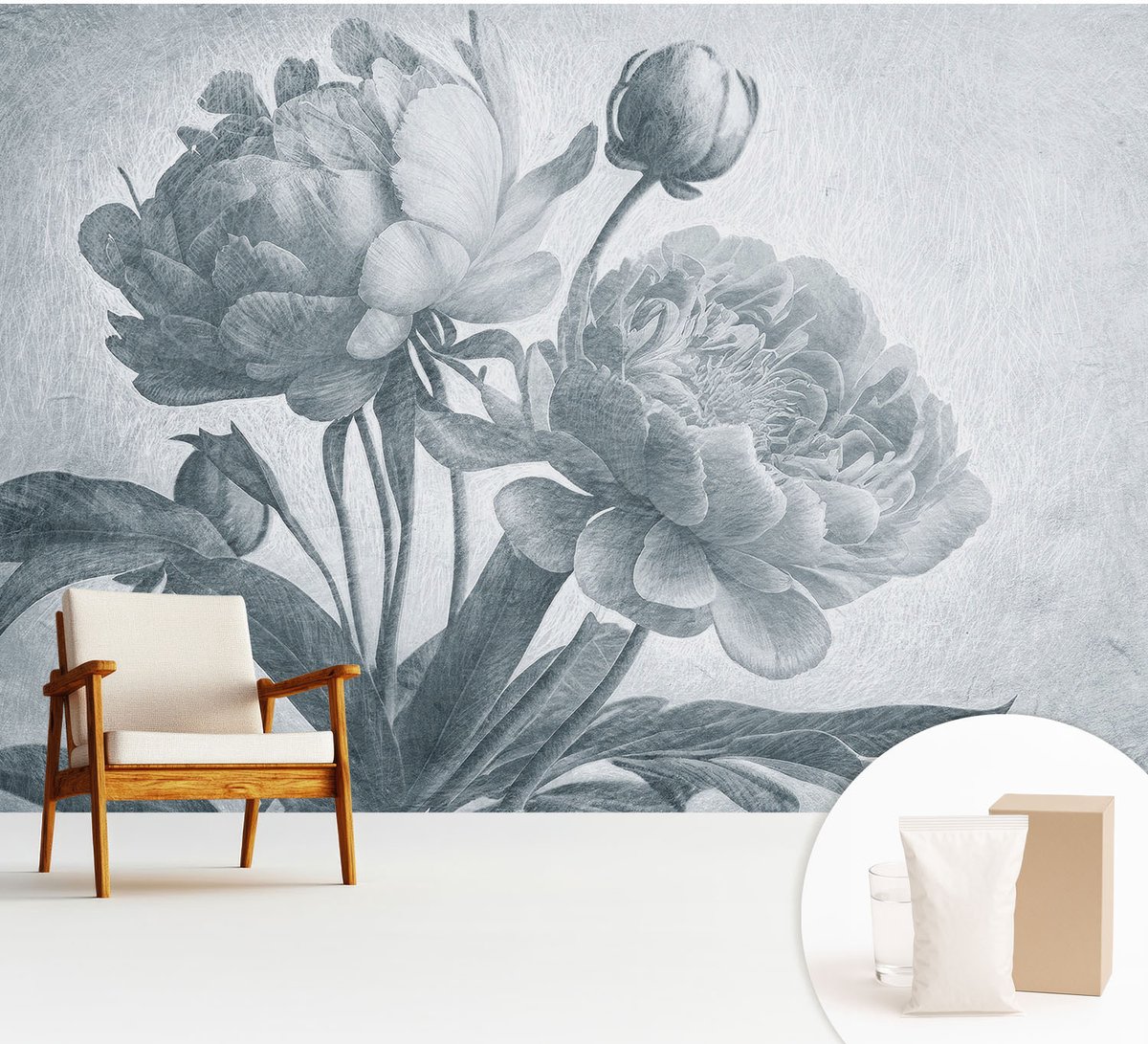 Wallfluent Fotobehang - Grijs Vliesbehang - 312x219 cm - Bloemenchic Muurschildering - Slaapkamer behang Bloemen En Planten - Fotobehang Vlies - Slaapkamer behang