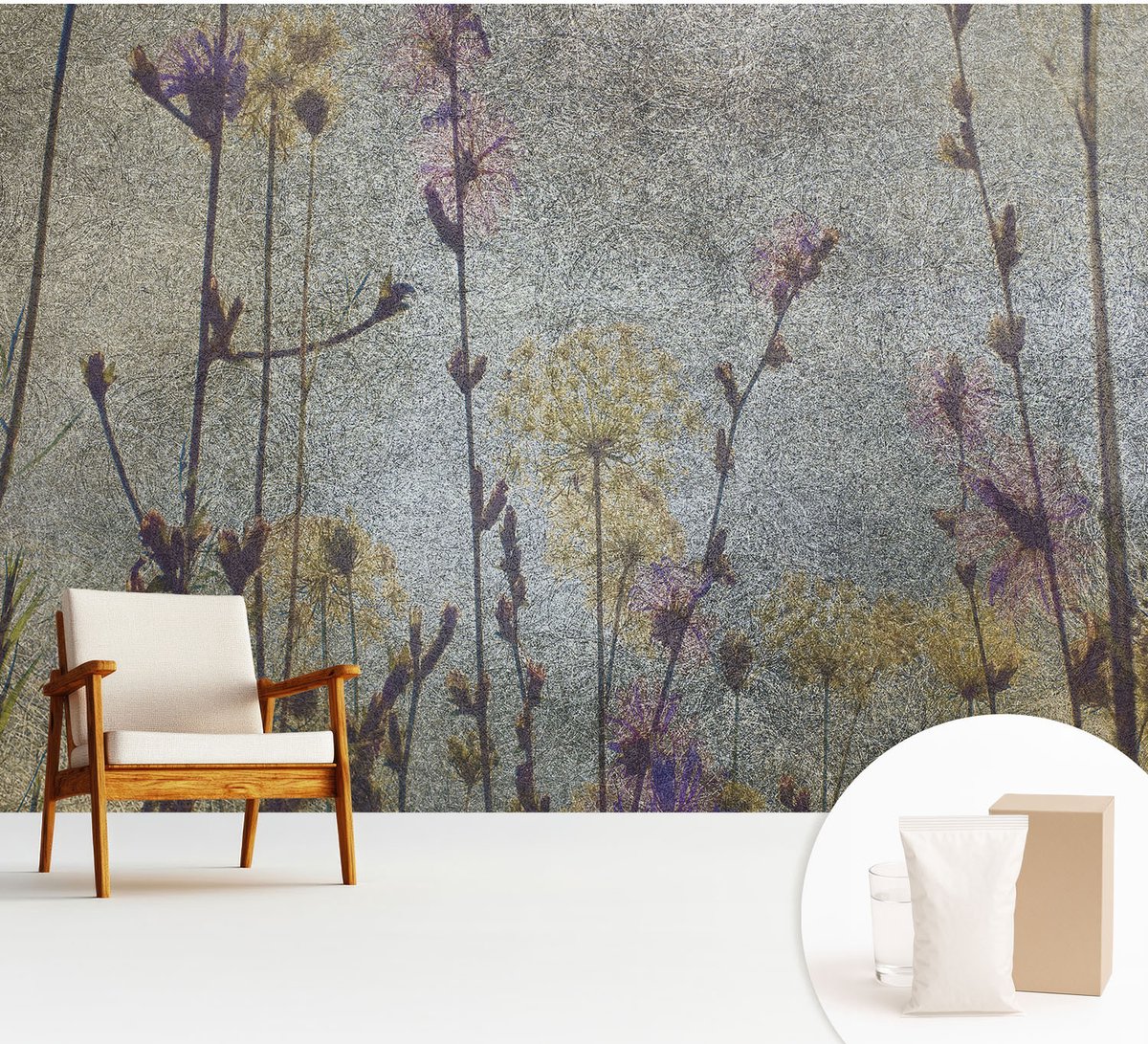 Wallfluent Fotobehang - Grijs Vliesbehang - 312x219 cm - Wilde Bloemen Muurschildering - Slaapkamer behang Bloemen En Planten - Fotobehang Vlies - Gang behang