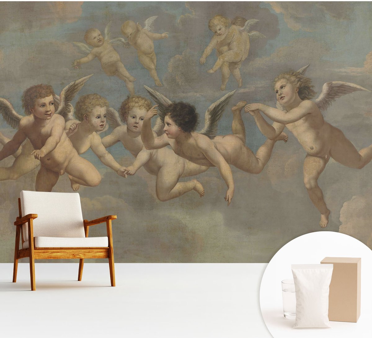 Wallfluent Fotobehang - Bruin Vliesbehang - 312x219 cm - Engelachtige Figuren Fotobehang Vlies - Hal behang Deel - Muurschildering - Woonkamer behang