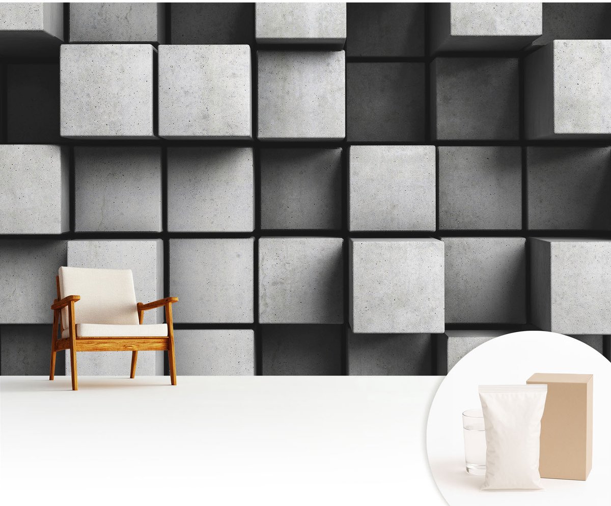 Wallfluent Fotobehang - Grijs Vliesbehang - 416x254 cm - Geometrische Kubussen Muurschildering - Slaapkamer behang Geometrie - Fotobehang Vlies - Slaapkamer behang