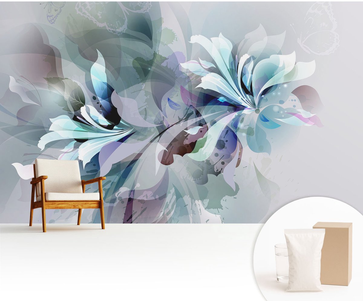 Wallfluent Fotobehang - Wit Vliesbehang - 416x254 cm - Bloemabstractie Fotobehang Vlies - Hal behang Bloemen En Planten - Muurschildering - Woonkamer behang