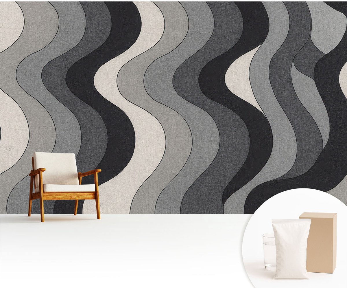 Wallfluent Fotobehang - Grijs Vliesbehang - 416x254 cm - Grijze Golven Fotobehang Vlies - Woonkamer behang Geometrie - Muurschildering - Woonkamer behang