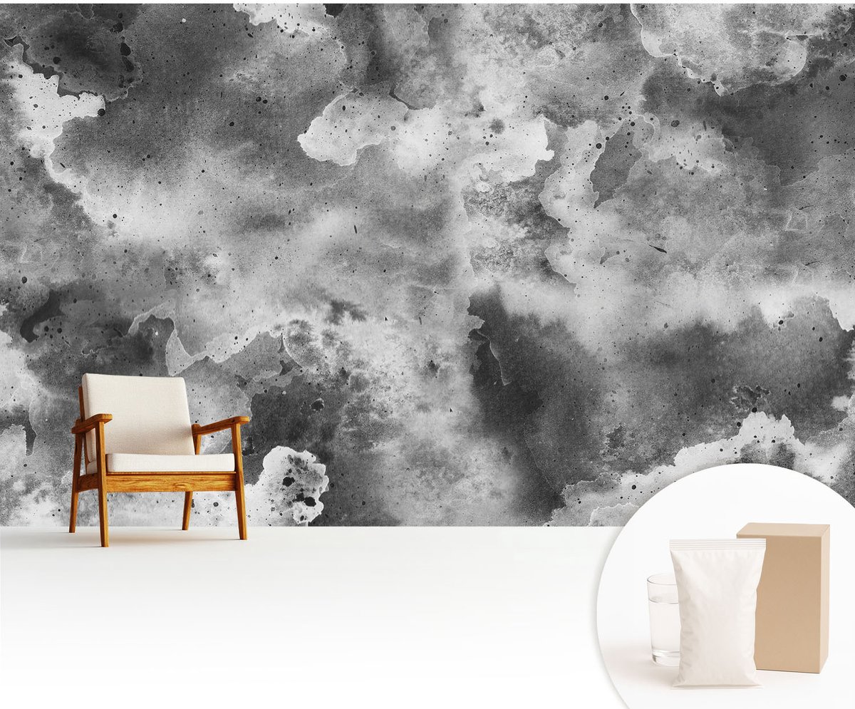 Wallfluent Fotobehang - Zwart-Wit Vliesbehang - 416x254 cm - Grijze Wolken Fotobehang Vlies - Woonkamer behang Abstractie - Muurschildering - Hal behang