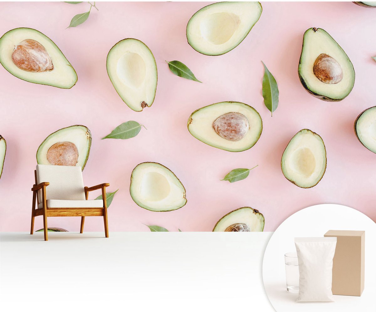 Wallfluent Fotobehang - Roze Vliesbehang - 416x254 cm - Samenstelling Van Avocado Muurschildering - Gang behang Voedsel - Fotobehang Vlies - Gang behang