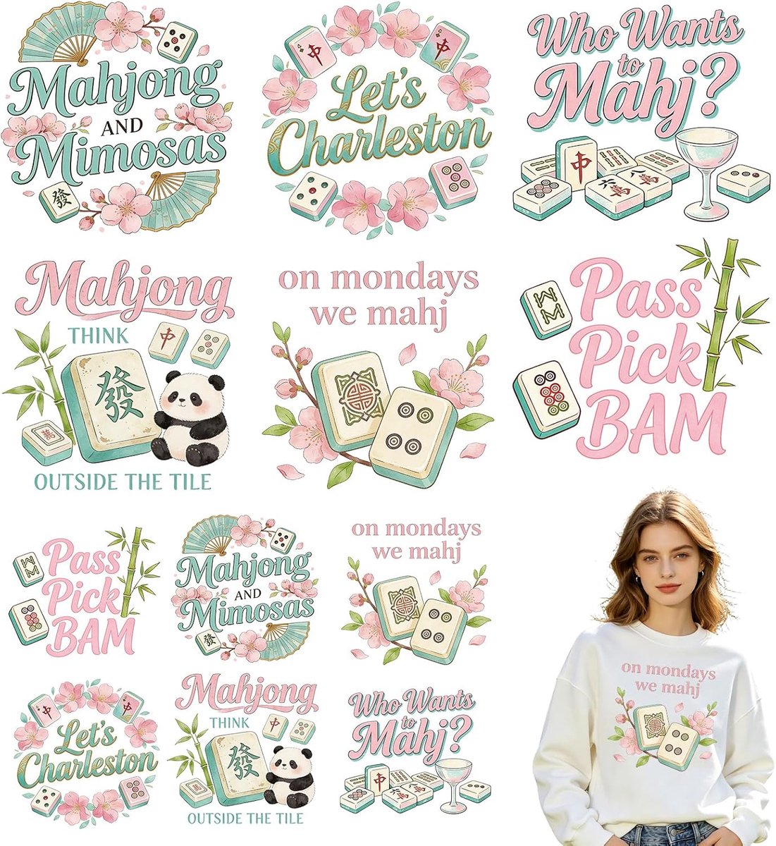 Mahjong DTF-transfers 12 stuks - 2 maten Lucky Panda kralen - bamboe tegel strijktransfers - ShopVlot