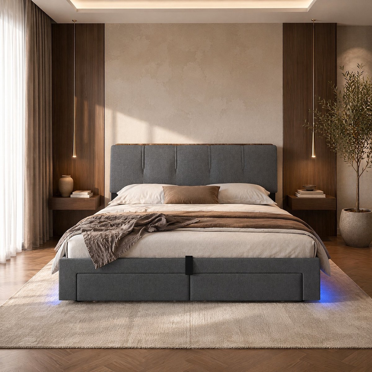 WUVRIE Gestoffeerd opbergbed 140x200 cm met LED, USB-C, hydraulische bedbak en lades, grijs