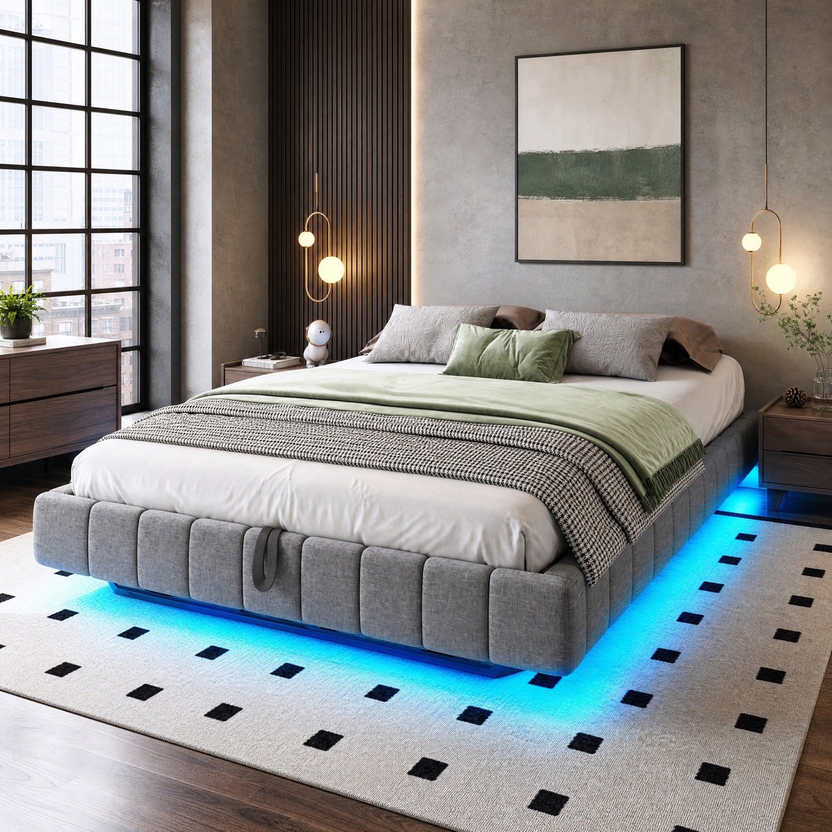 WUVRIE Gestoffeerd opbergbed 160x200 cm met LED-verlichting en lattenbodem zonder hoofdbord, grijs