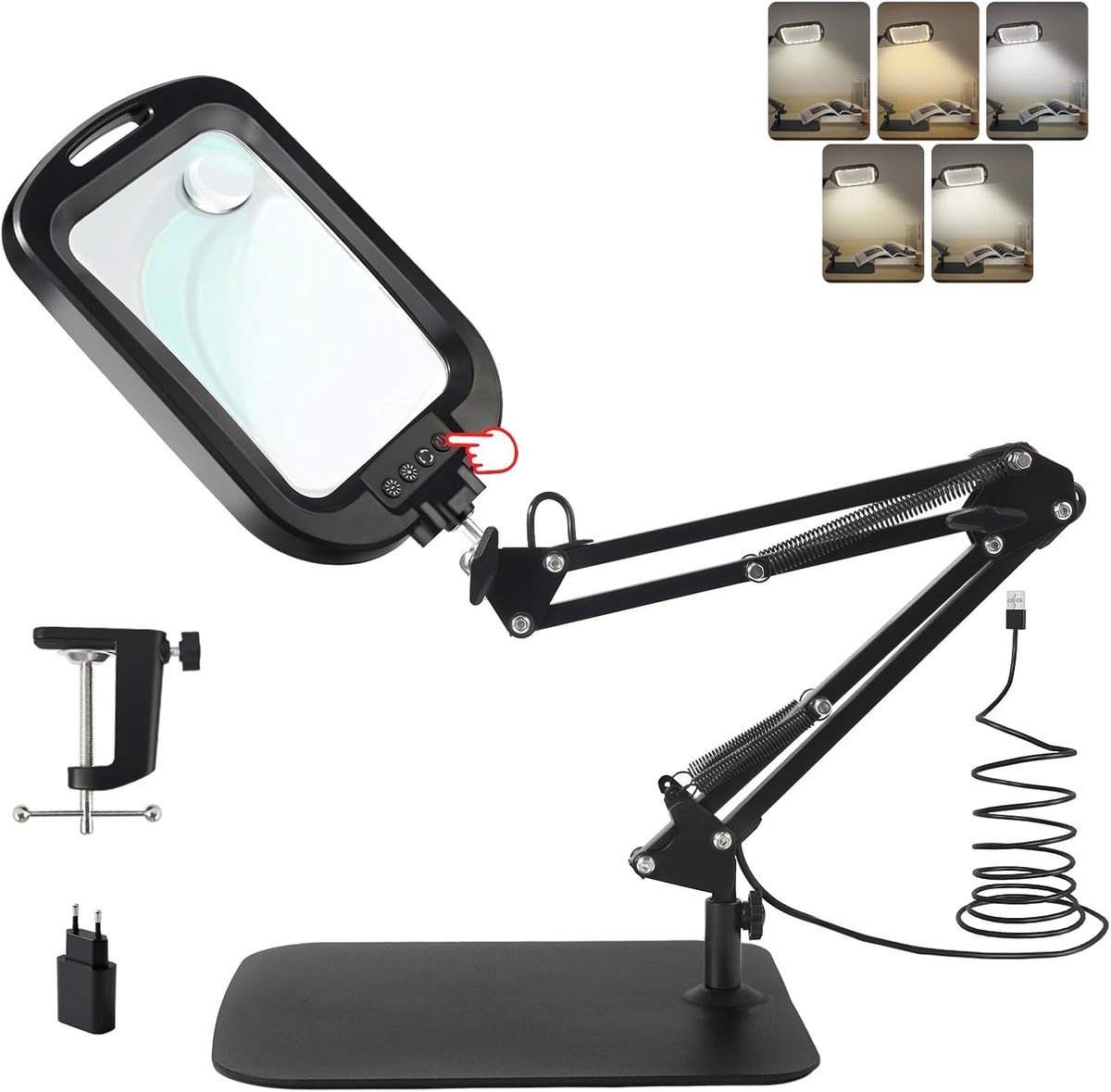SnelShoppen - Vergrootlamp met Licht en Standaard - 10x30x Rechthoekige Tafelvergrootglas met 60 LED's, 5 Kleurmodi, Dimbaar, Handvrij en 2-in-1 Klem