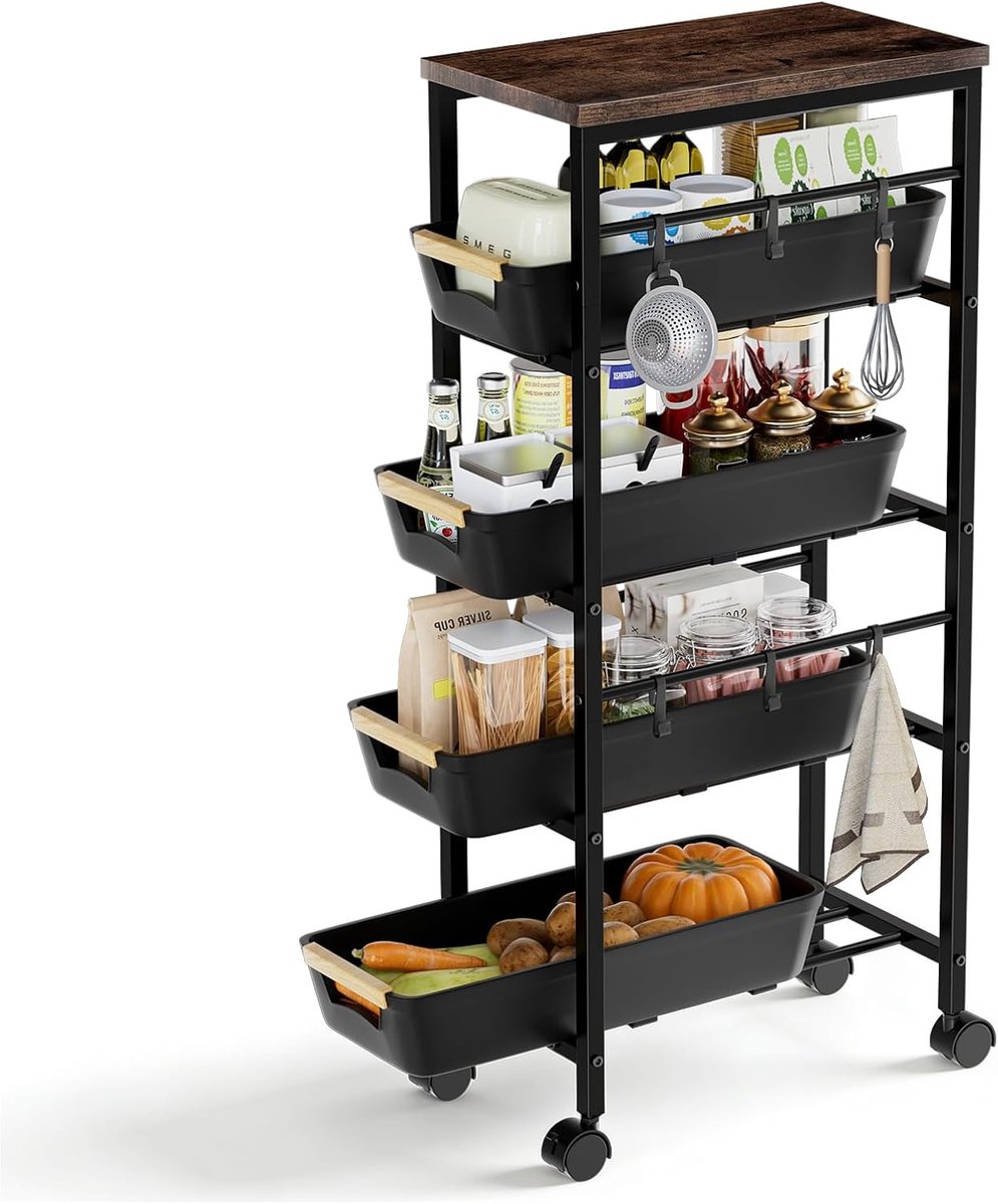 SnelShoppen - Smalle Opberg Trolley met Houten Plank, 5-Laags Rollende Keuken Trolley met Uittrekbare Mandjes en Wielen, Verlengbare Organizer voor Ke