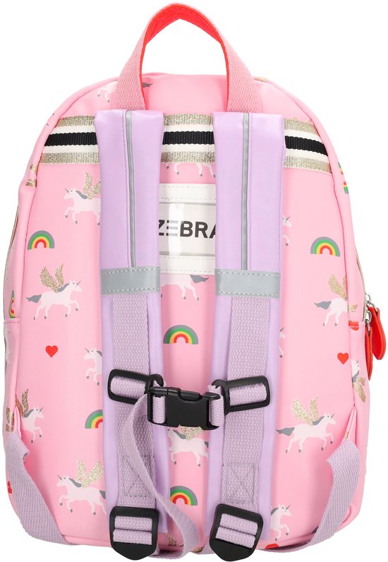 Roze rugzak met eenhoornprint, regenboogjes en hartjes. Met paarse en zilveren bandjes. ZEBRA tekst op rugpand.