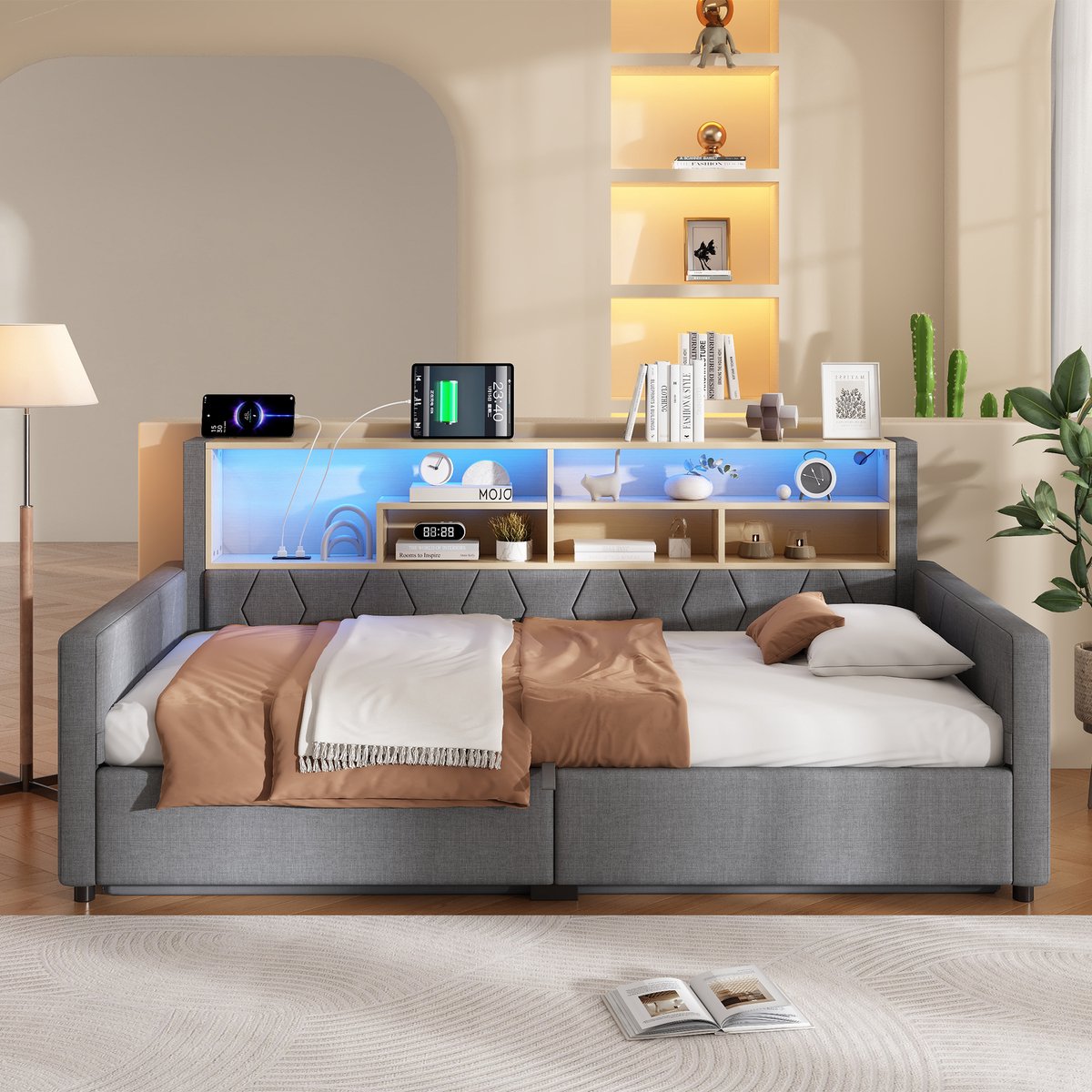 Merax Slaapbank 90 x 200 cm - met opbergruimte - stopcontact en USB-poort - met LED-verlichting - zonder matras - grijs