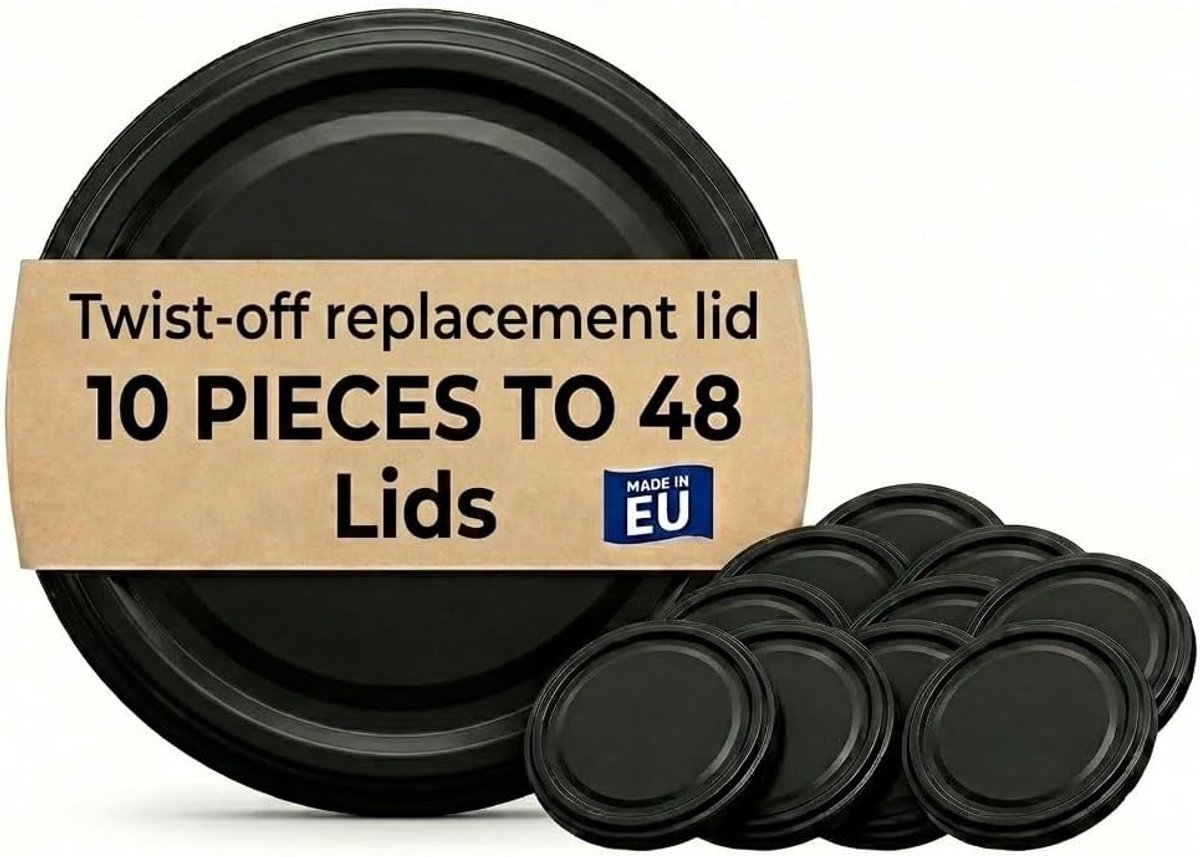 Deksels TO48 (48 mm), BPA-vrije twist-off-deksels voor inmaken, luchtdichte sluiting voor jam, honing en sauzen, geschikt voor waterbad en sterilisatie.