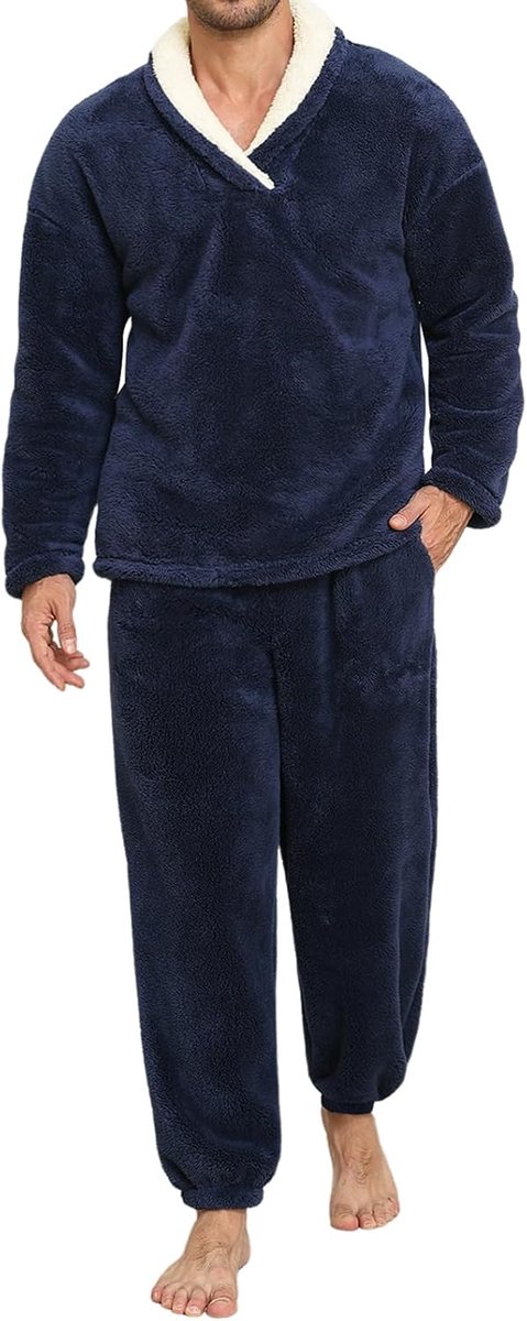 Heren Pyjama Set Pluizige Winter 2 Stuks Mens Pjs Sets Zachte Fleece Warme Losse Loungewear Sets Gezellige Lange Mouw Pyjama Voor Thuis