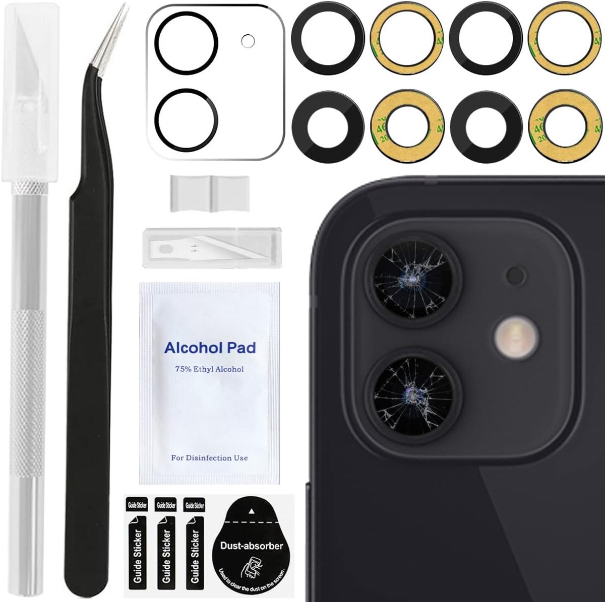 2 stuks achter camera glazen lens vervanging voor iPhone 12 Mini Camera glazen lens met achterkant lijm, reparatie tool kit, camera glas lens beschermer