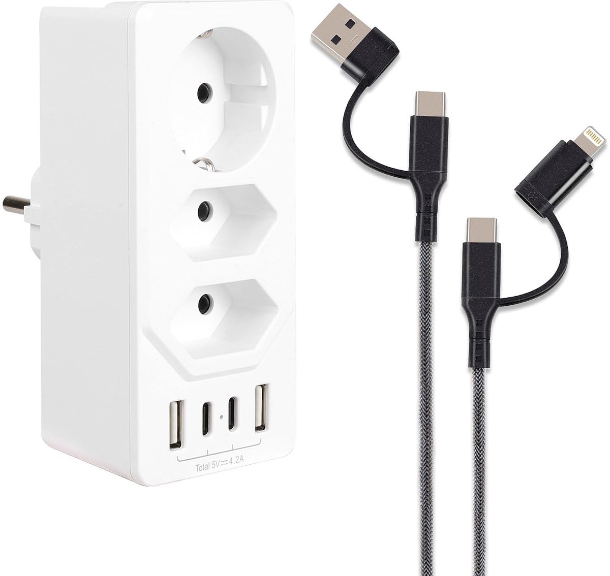 Stekker, 7 in 1, 2 USB A,2 USB C,Stekkerdoos met USB Stekker, Dubbele Stopcontacten Gelden voor Huis, Slaapkamer, Badkamer, Kantoor, Wit, Draagbaar