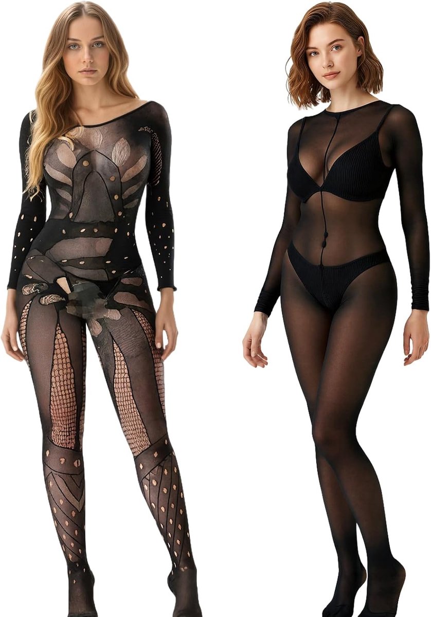 2 Stuks Bodystocking Ouvert Voor Dames Catsuit Ouvert Sexy Voor Vrouwen Lingerie Bodystocking Nylon Dames Fishnet Bodysuit Vrouwen Eenheidsmaat Mesh Design Feestjes Kerstmis Valentijnsdag