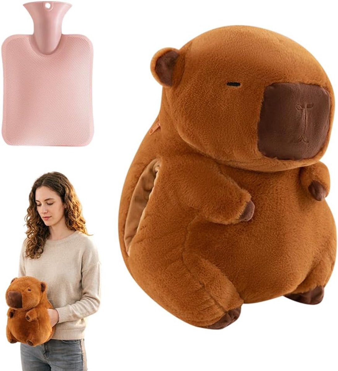 Warmwaterkruik voor kinderen, 1 liter, pluche warmwaterkruik met hoes, warmwaterkruiken met dier, groot, uitneembare binnencontainer, Capibara geschenken voor handen, voeten, lichaam