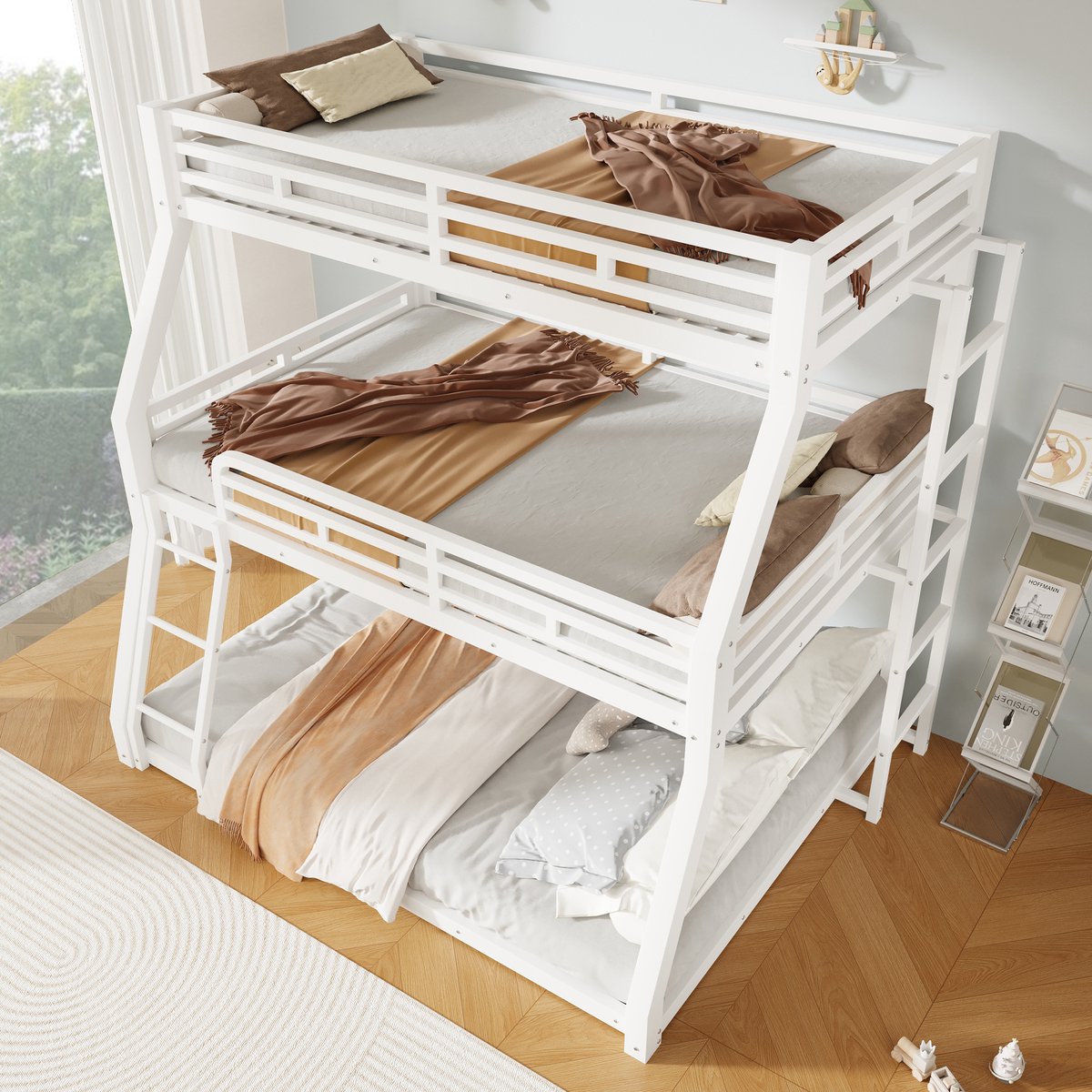 DESMIU Stapelbed 90x200, 120x200 en 140x200cm – Drie Slaapniveaus Met Ladders – Beschermhekken – Metaal – Zonder Matras – Wit